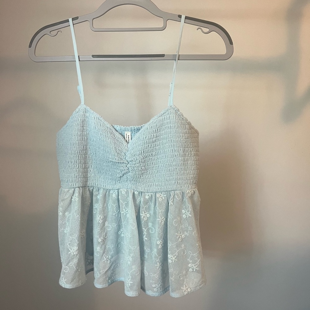 American Eagle Outfitters Light Blue Smocked Tank Top